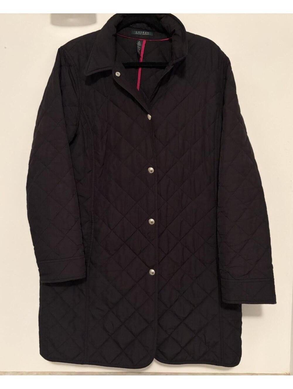Ralph Lauren Long Quilted Snap Front Coat Jacket Black/Pink Women’s Size XL